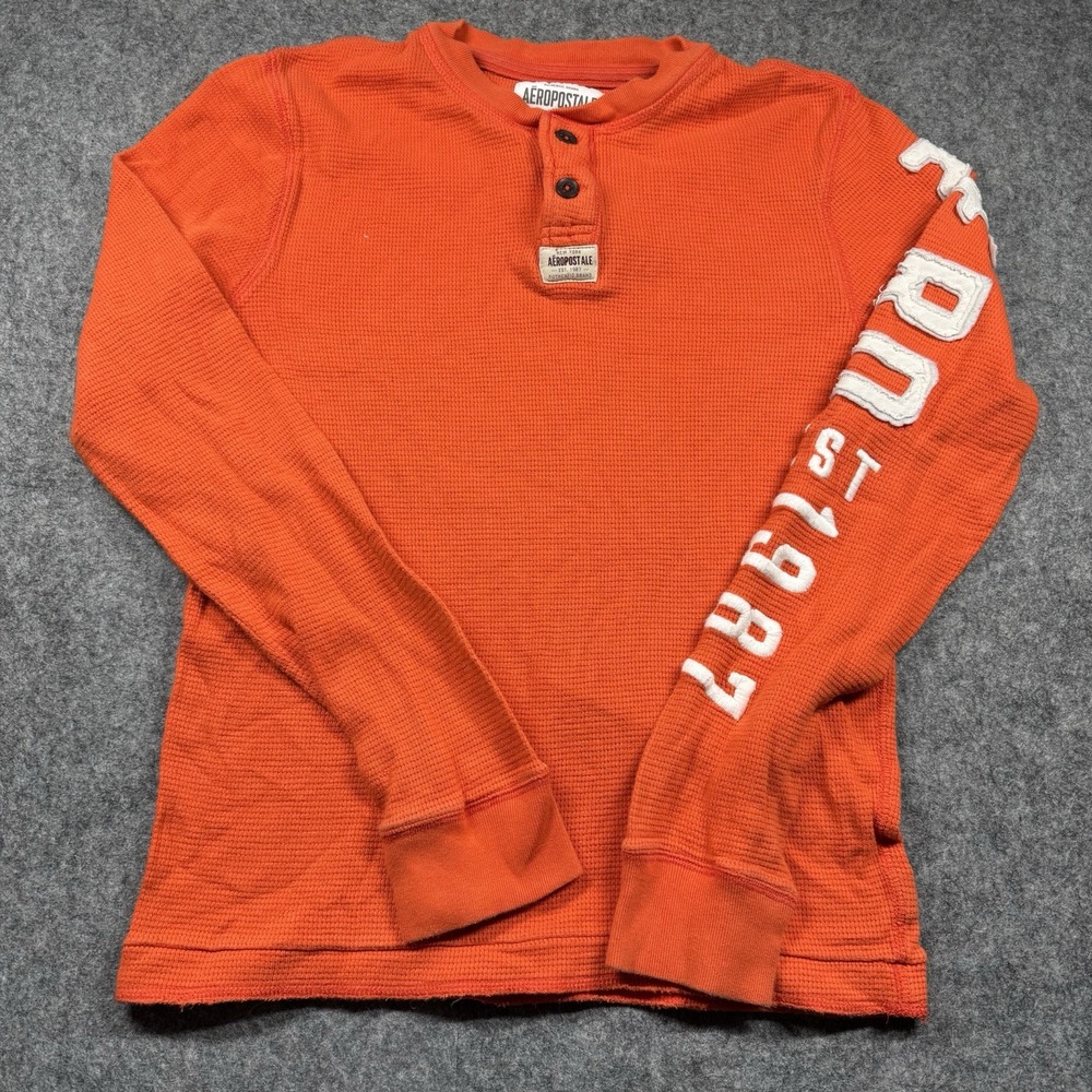 Y2K Aeropostale Henley Pullover Men's Medium Orange Waffle-Knit‎ Casual Top